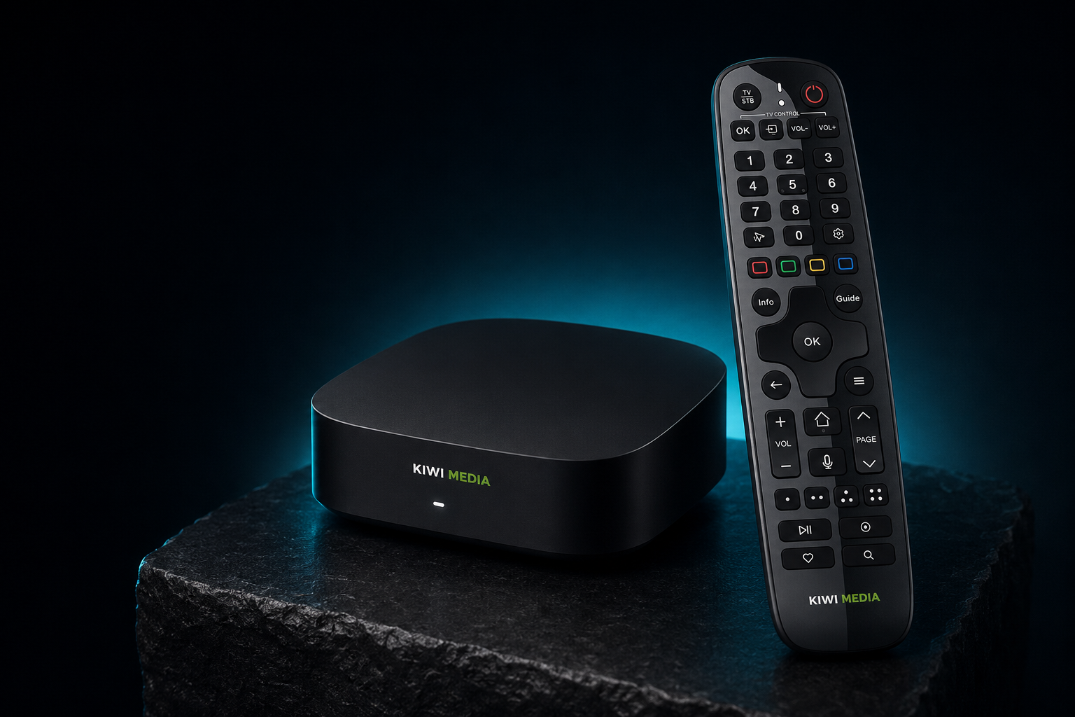 Kiwi Media branded streaming box with a full-featured remote control