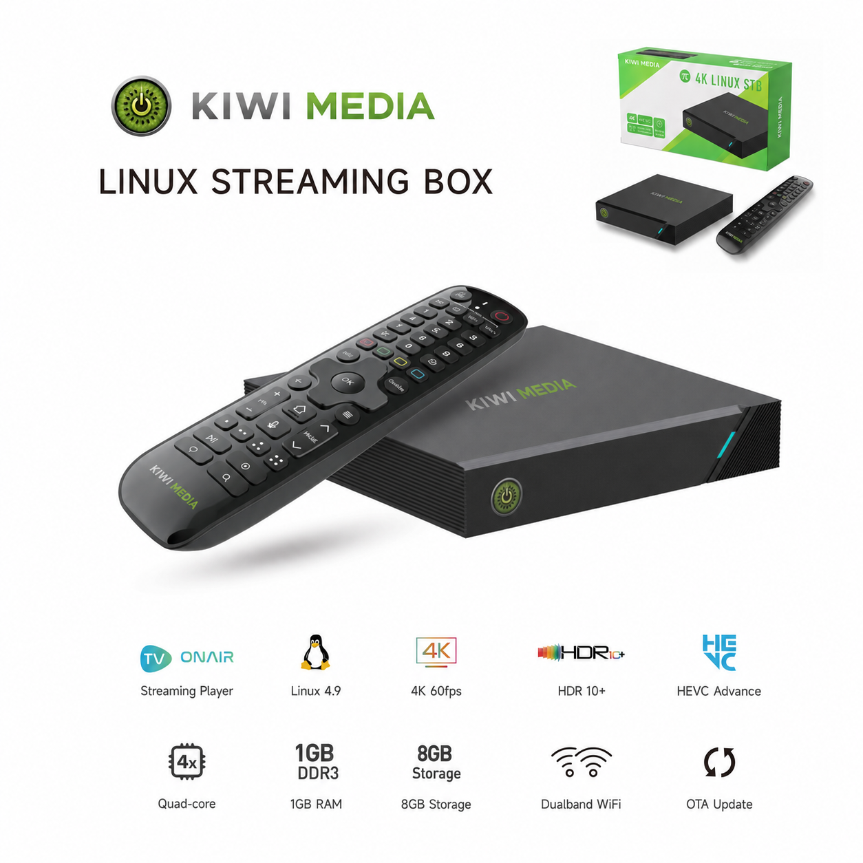 Kiwi Media branded Linux 4K STB and remote